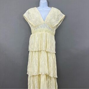 Foxiedox Rosemary Yellow Print V Neck Midi Tiered Dress